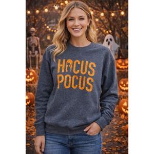 Hocus Pocus Cat Graphic Halloween Crewneck Sweatshirt Women's Size M Orange Gray